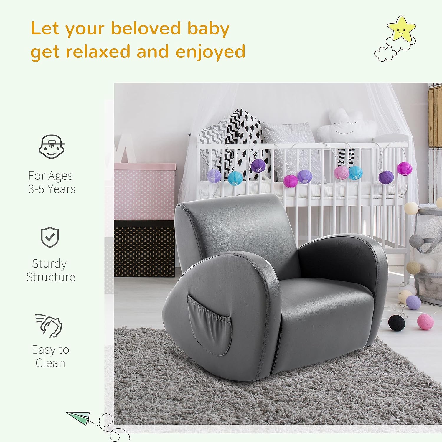 Qaba Kids Sofa Rocking Chair with Side Pocket Toddler Chair Grey | Toddler Armchair, PU Leather, For Children