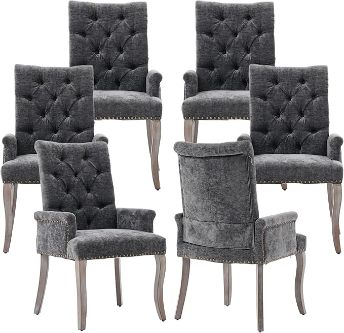 Upholstered Tufted Chenille Dining Chairs with Arms & Nailhead Trim – Solid Wood Frame & Legs, Modern Farmhouse for Dining, Kitchen & Living Room (Set of 6, Gray)