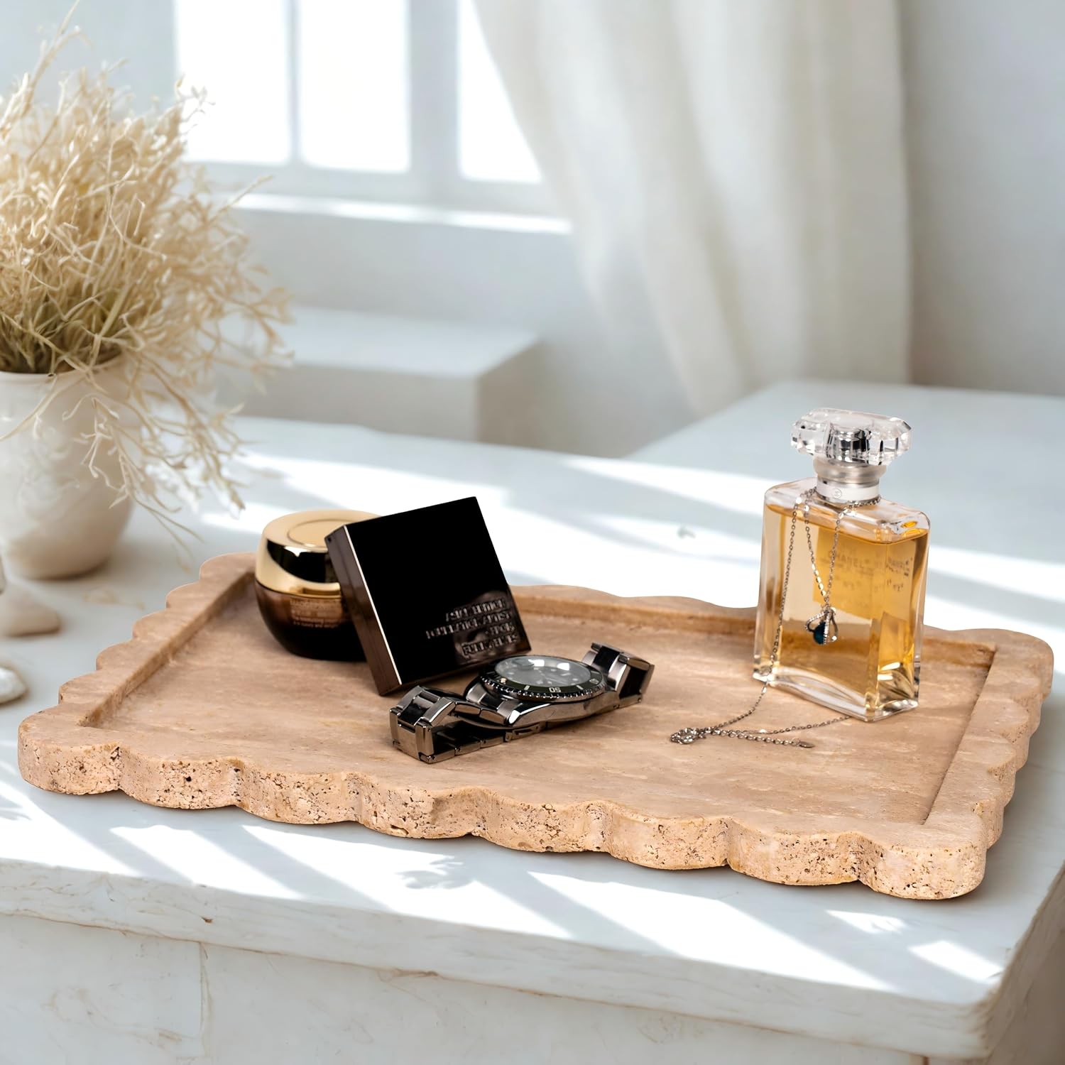 Real Luxurious Natural Marble Tray for Home Decor for Bathroom/Kitchen/Vanity/Dresser Non-Resin (Beige Travertine, 11.4"*7.8")