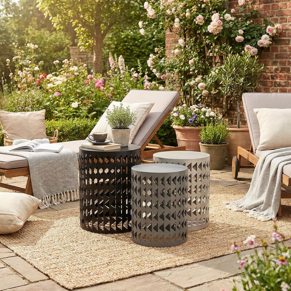 Outdoor Side Table Set of 3 Round Metal Nesting Tables, Patio End Table Black...