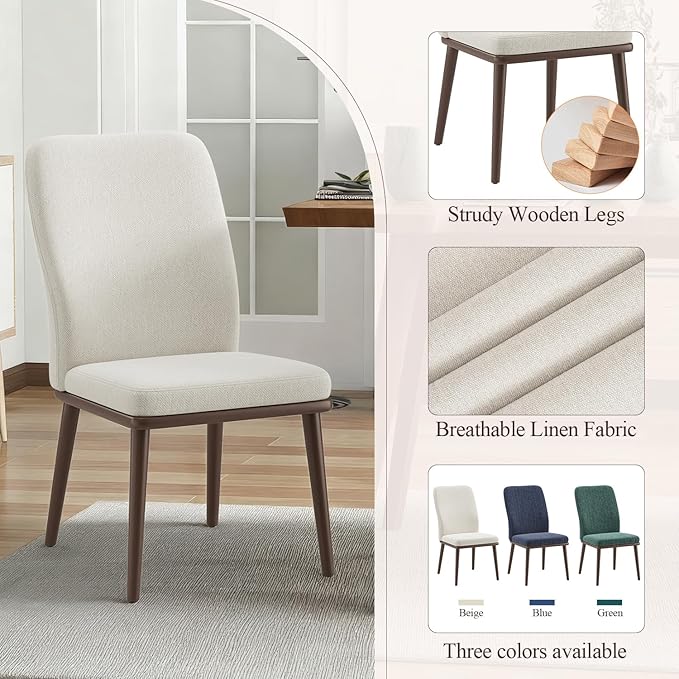 Stylish Dining Chairs Set of 6, Upholstered Parsons Dining Room Chair with Nailhead Trim, Kitchen Room Chair with Thick Cushions and Wood Legs, Modern Contemporary, Beige