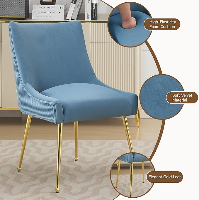 Velvet Dining Chairs Set of 2 Gold Legs,Upholstered Velvet Accent Chairs, Pleated Back Design & Gold Pull Handle, Mid Century Modern Chairs for Dining/Kitchen/Living Room,Light Blue