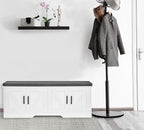 2-Tier Storage Bench, Shoe Bench with Padded Seat Cushion, Entryway Bench with 4 Barn Doors, Adjustable Shelf, 13.8" D x 47.2" W x 17.7" H, for Entryway, Living Room, Bedroom, White