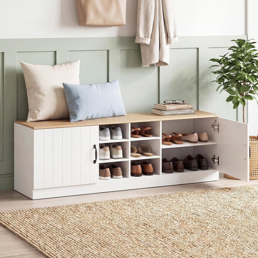 Giantex 2-Door Shoe Storage Bench, Wooden Entryway Bench with Storage, Adjust...
