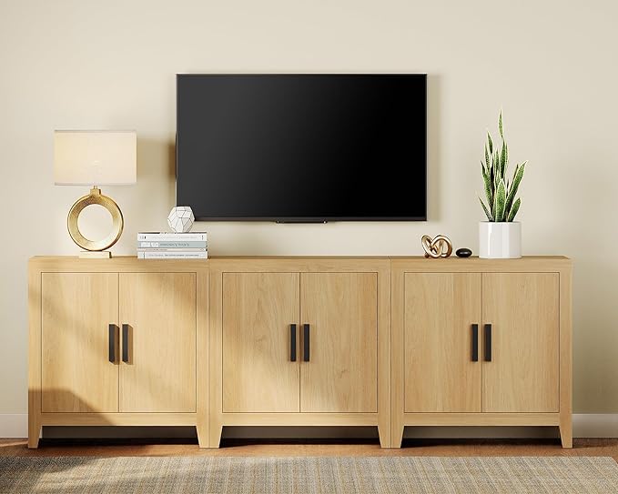 WAMPAT Farmhouse TV Stand for TVs up to 85 Inch, Rustic Wood Entertainment Center & Media Console with 6 Storage Doors, Accent Cabinet for Living Room, Hallway, Rustic Oak