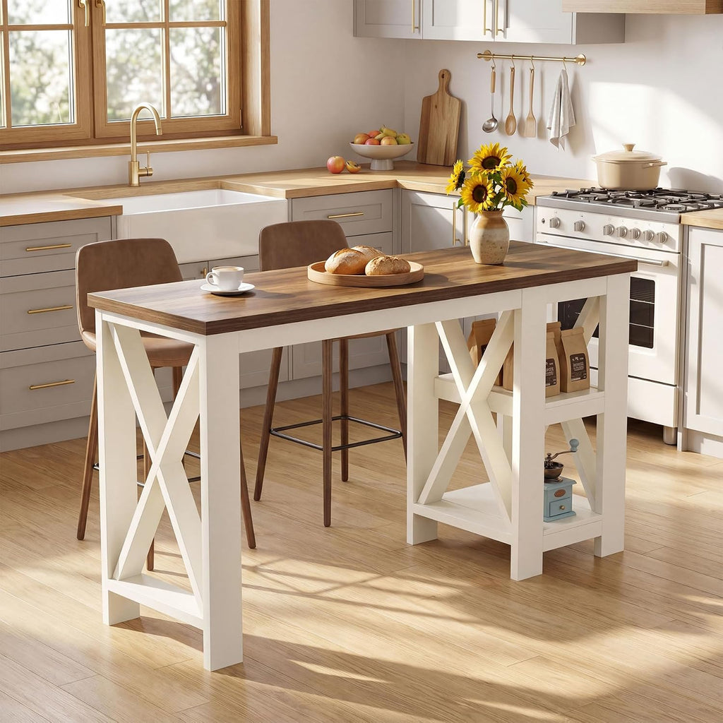 Tribesigns 62" Kitchen Island with Storage, Stationary Island Table | 2-Tier Open Storage Shelves, X-Frame Structure, Counter Height Table for Kitchen, Dining Room, Rustic Brown & White