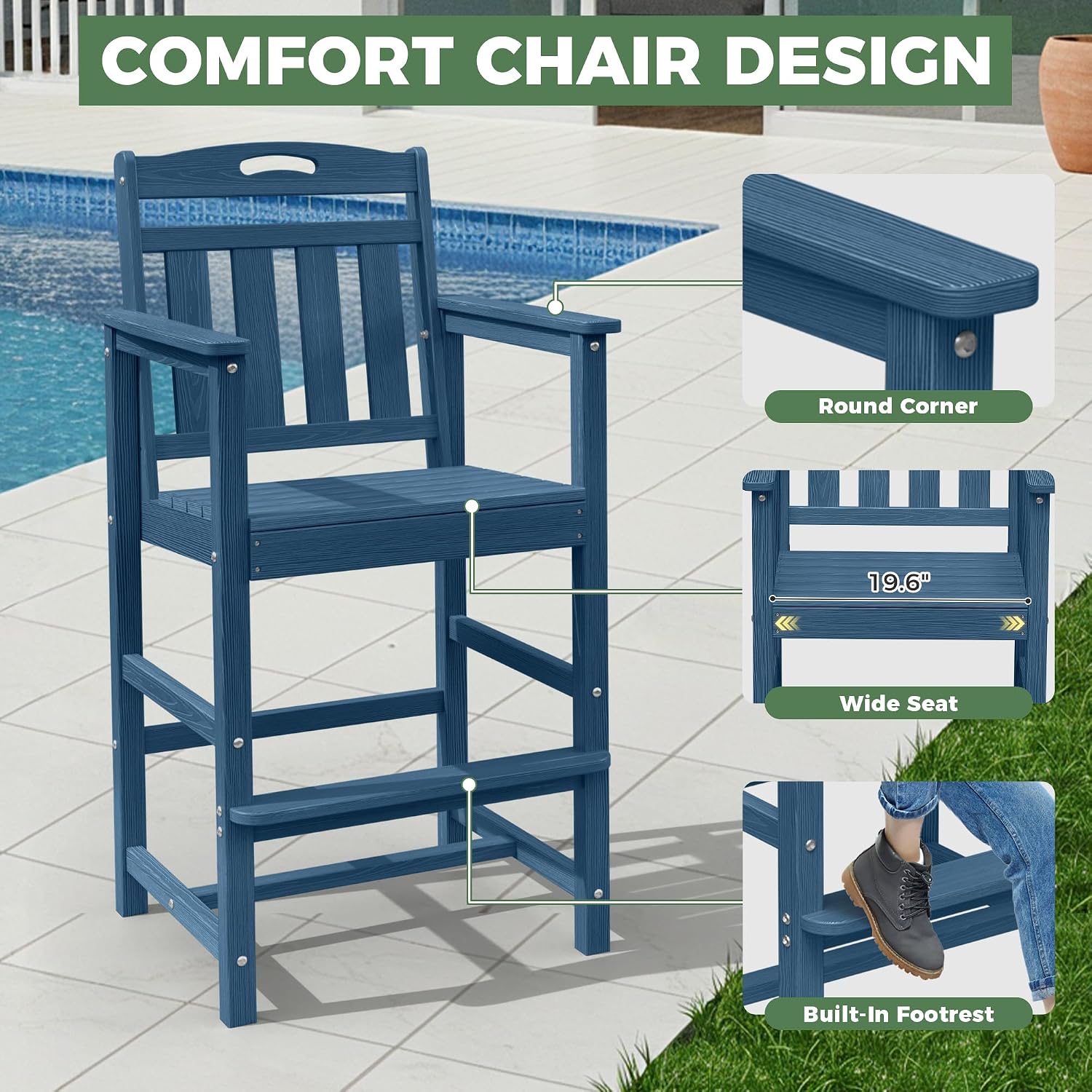 Outdoor Patio Bar Height Table and Tall Adirondack Chairs Set of 2, All-Weather HDPE High Top Long Rectangle Pub Furniture for Outside Balcony Bistro Backyard Pool Deck | 3-Pieces, Navy Blue