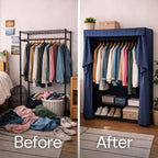 Formosa Covers Portable Garment Rolling Rack Cover - Protect Your Clothes from Dust Keep Your Room Looking Organized (Cover Only) (Beige Khaki with Dusty Blue Trim, 36" W x 14" D x 72" H)