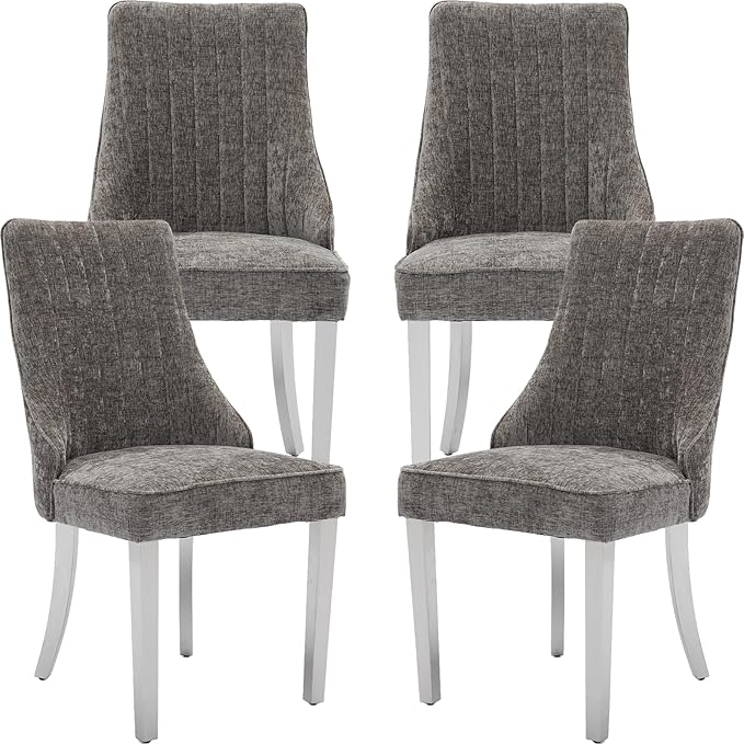 Grey Mid Century Dining Chairs Set of 4, Modern Kitchen & Dining Room Chairs Set of 4, Chenille Fabric Upholstered Kitchen Chairs, Sillas de Comedor, Silver Legs (Gray, 4 Pcs)