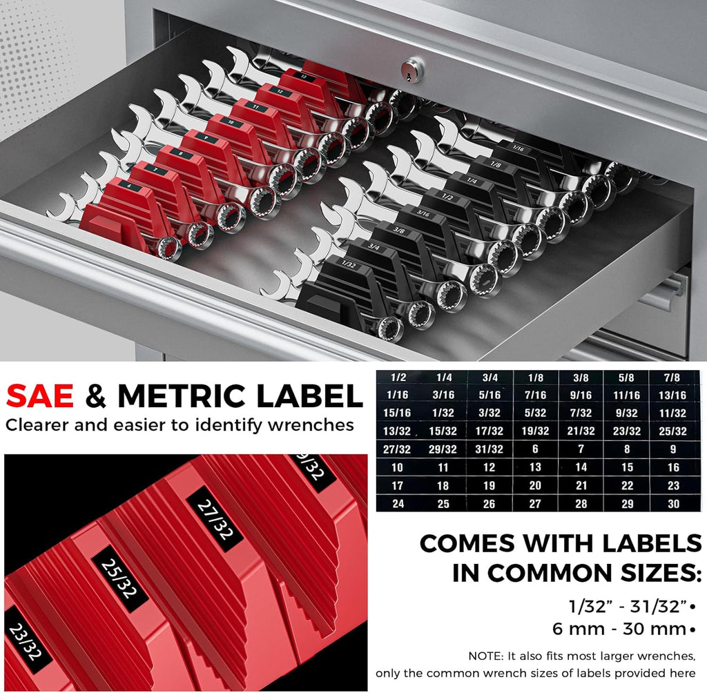 48PCS Magnetic Modular Wrench Organizers for Tool Drawers - Black & Red - Wrench Rack with Metric & SAE Labels, Customizable Magnet Tool Storage Holder for Tool Box Organization
