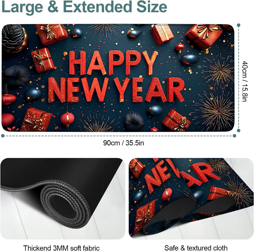 Happy New Year Gaming Mouse Pad 35.4"x15.7"Desk Mat Anti-Slip Rubber Base & Durable Stitched Edges for Gamers Smooth Mouse Writing Surface for Desk Office/Home