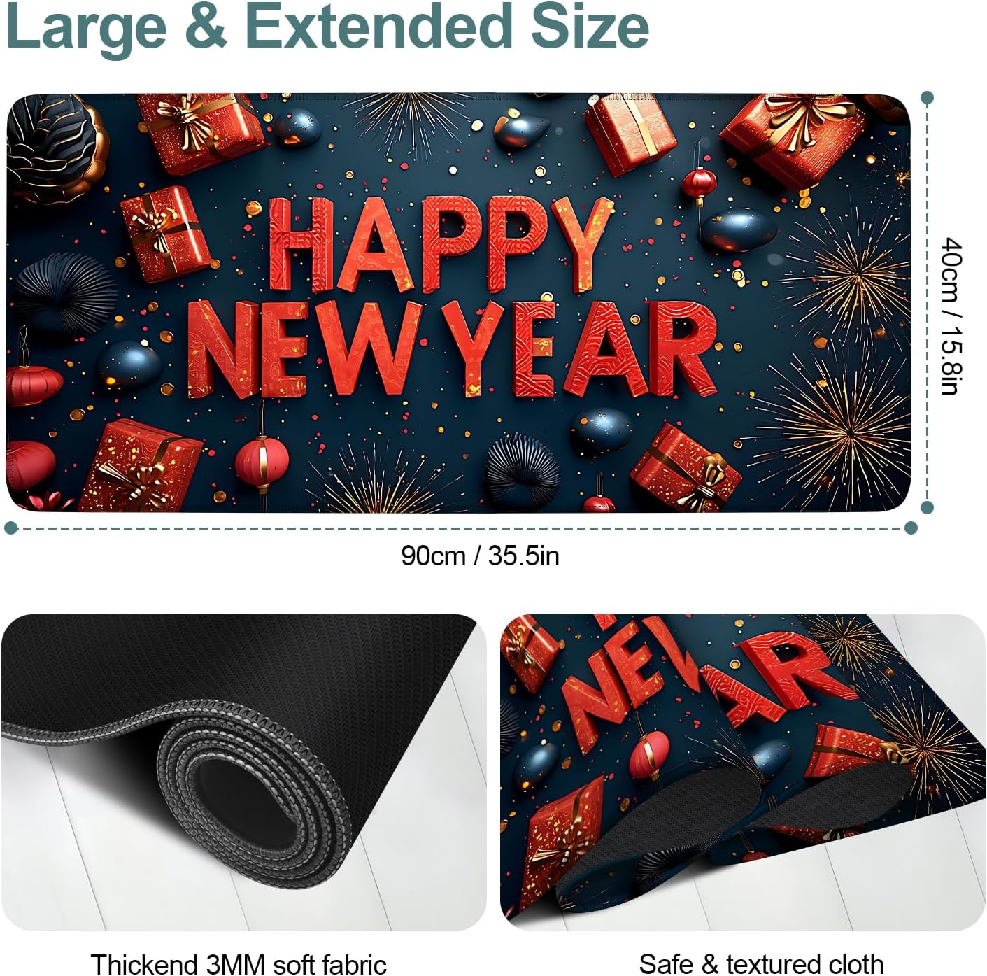 Happy New Year Gaming Mouse Pad 35.4"x15.7"Desk Mat Anti-Slip Rubber Base & Durable Stitched Edges for Gamers Smooth Mouse Writing Surface for Desk Office/Home