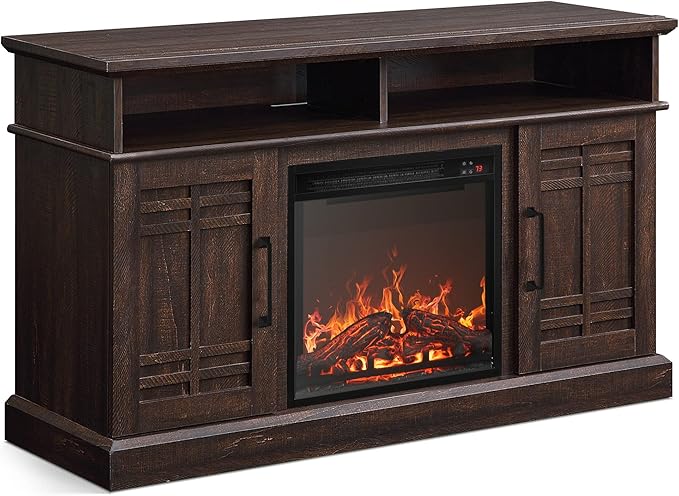 BELLEZE 48" TV Stand with 18" Electric Fireplace Heater, Modern TV Stand for TVs up to 50", Entertainment Media Stand with Open Shelves and Storage Cabinets for Living Room, Bedroom (Espresso)
