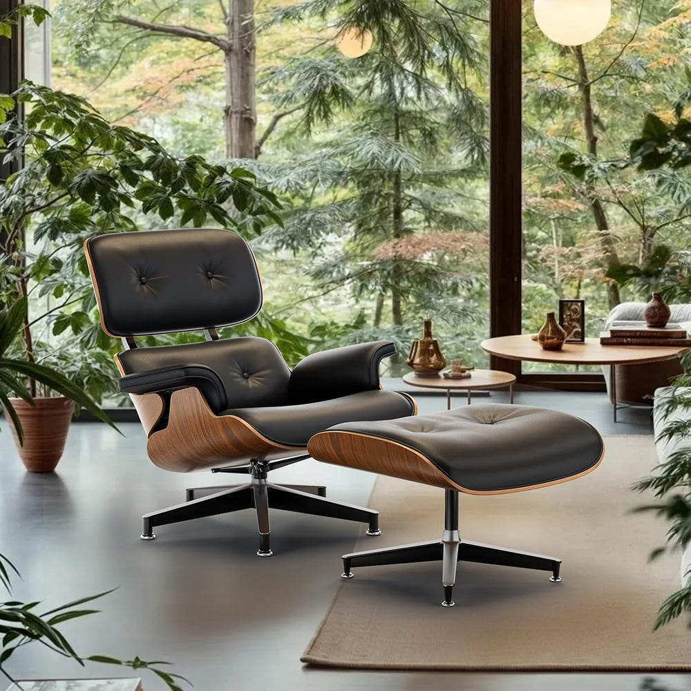 Top Black PU Leather, Mid Century Chaise Lounge Chair and Ottoman, Modern Cha...
