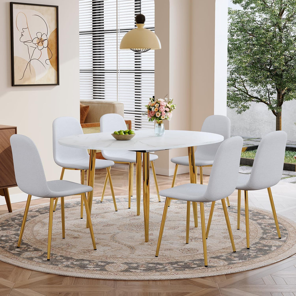 FURNITO Round Dining Table Set for 6, 42"-54" Extendable Dining Room Table Set for 6, White Kitchen Table with Upholstered Chairs Set of 6, 7 Piece Dining Table Set for Small Spaces, Easy Assembly