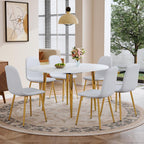 FURNITO Round Dining Table Set for 6, 42"-54" Extendable Dining Room Table Set for 6, White Kitchen Table with Upholstered Chairs Set of 6, 7 Piece Dining Table Set for Small Spaces, Easy Assembly