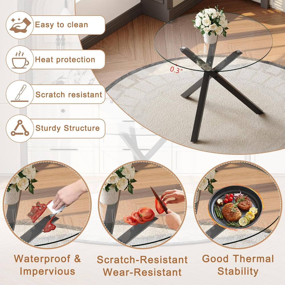 Round Dining Table Set for 4, 39" Glass Dining Table Set with Black Adju...
