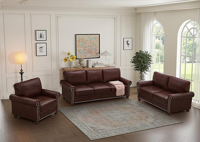 3 Piece Faux Leather Sofa Set,Mid Century Modern Couch and Loveseat Sets with Storage,Comfy Deep Seat Sofa with Nailhead Trim & Rolled Arm for Living Room,Office(Armchair+Loveseat+3 Seater,Burgundy)