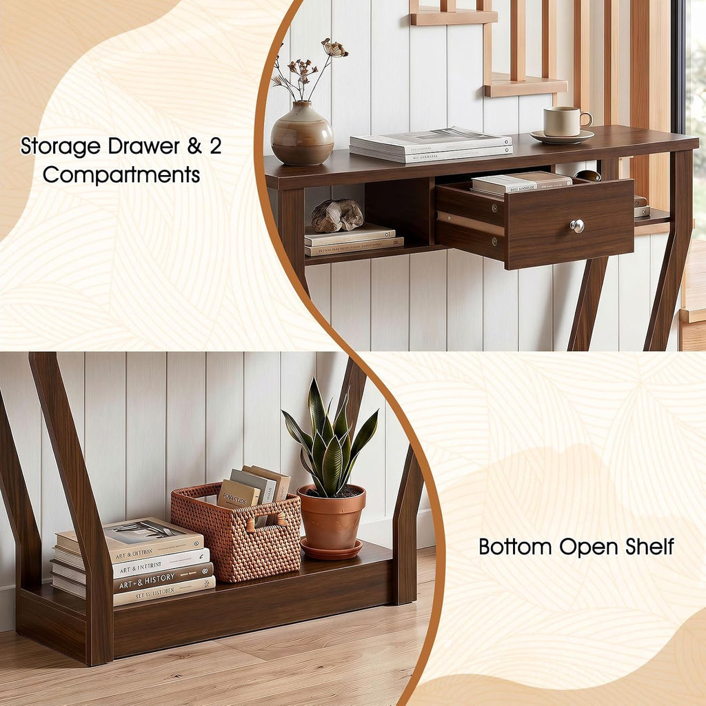 Giantex 43" Modern Console Table with Drawer & Storage Shelf, Walnut | Narrow Entryway Table w/Geometric Angled-Leg Design, Mid-Century Behind Couch Sofa Table for Living Room, Hallway, Entrance