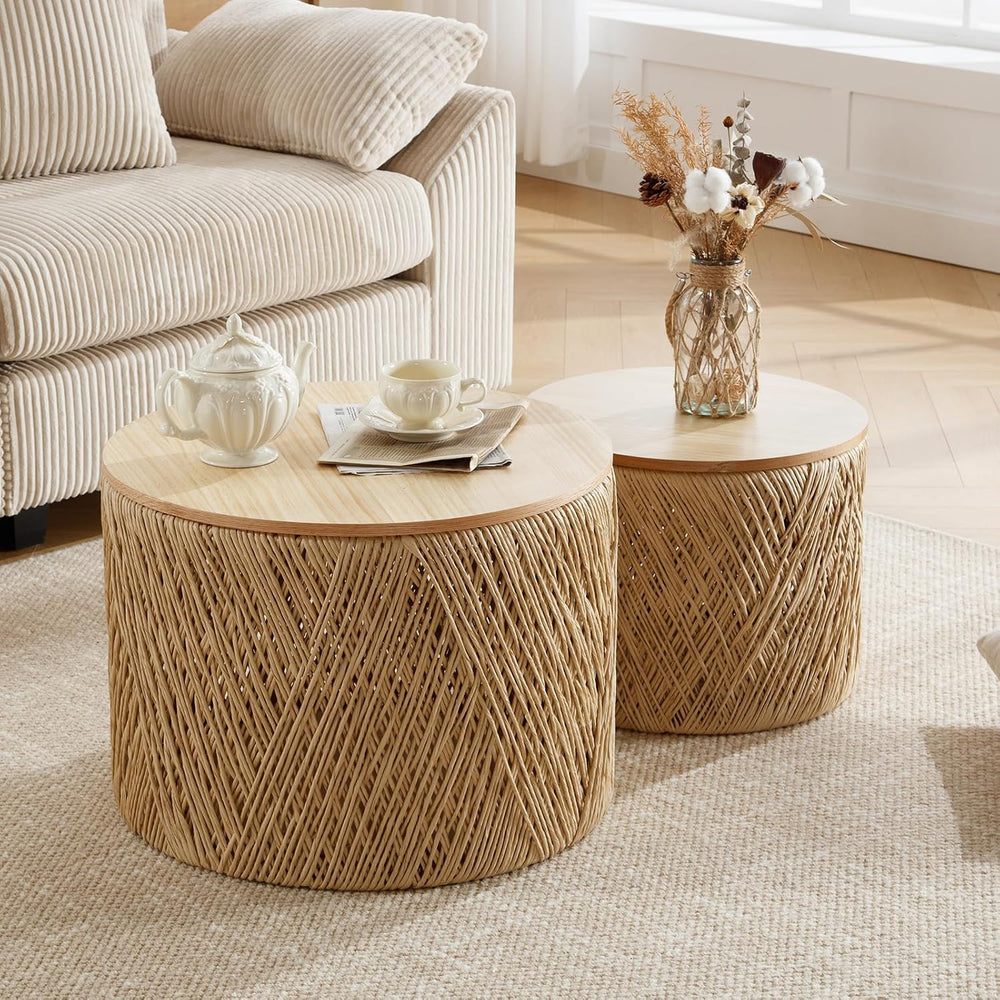 Kmax 24" Round Wood Nesting Coffee Table Set of 2 Handcraft Woven & ...