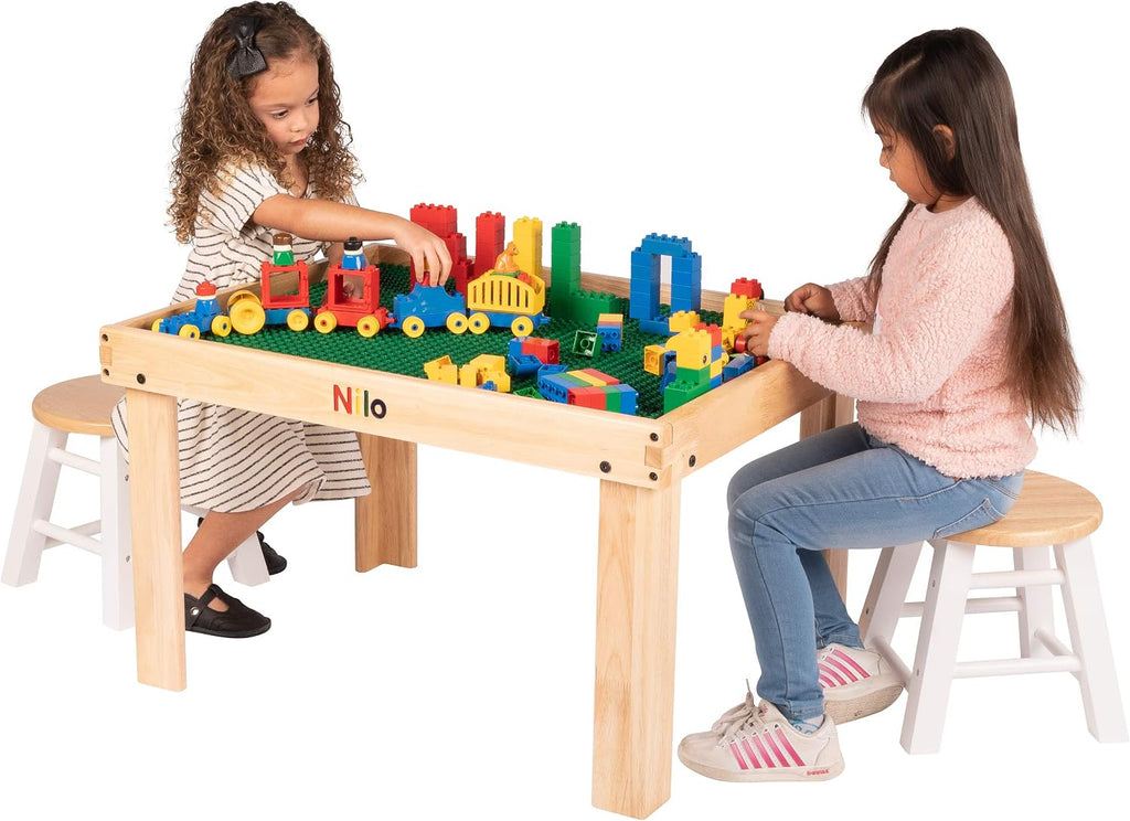 NILO Kids Activity Table Set with 2 Compatible with/Replacement for Detachable Double-Sided Baseplates/Boards/Mats Lego Duplo (N34 Play Table Without Holes, 24x32x20 and 2X Blue Base Plates 12x32)