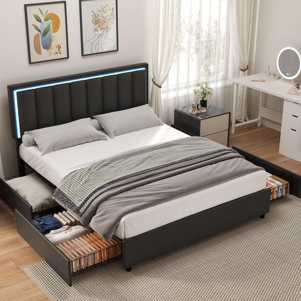 IMMERSTABLE Queen Size Bed Frame with Headboard and 4 Storage Drawers, Faux L...