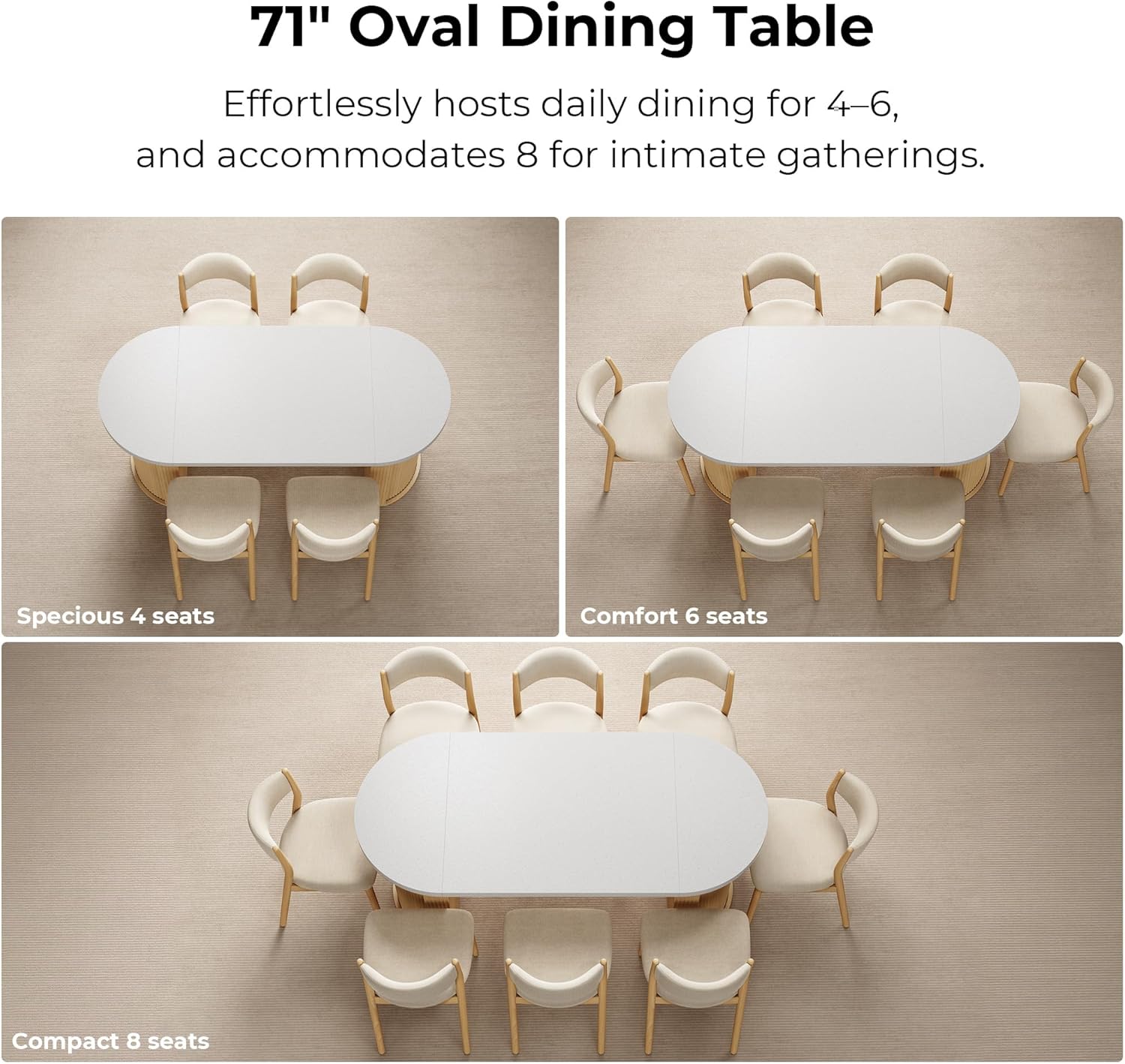 IRONCK 71" Oval Dining Table with Hidden Storage, Oak | Faux quartz-pattern laminate top, dual-sided cabinets, fluted engineered-wood base, and 397 lb capacity.