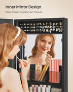 SONGMICS Jewelry Cabinet Armoire Organizer with LED Lights, Wall-Mounted Storage Cabinet with Full-Length Frameless Mirror, Built-in Makeup Mirror, 2 Drawers, Lockable, Christmas Gift, Black