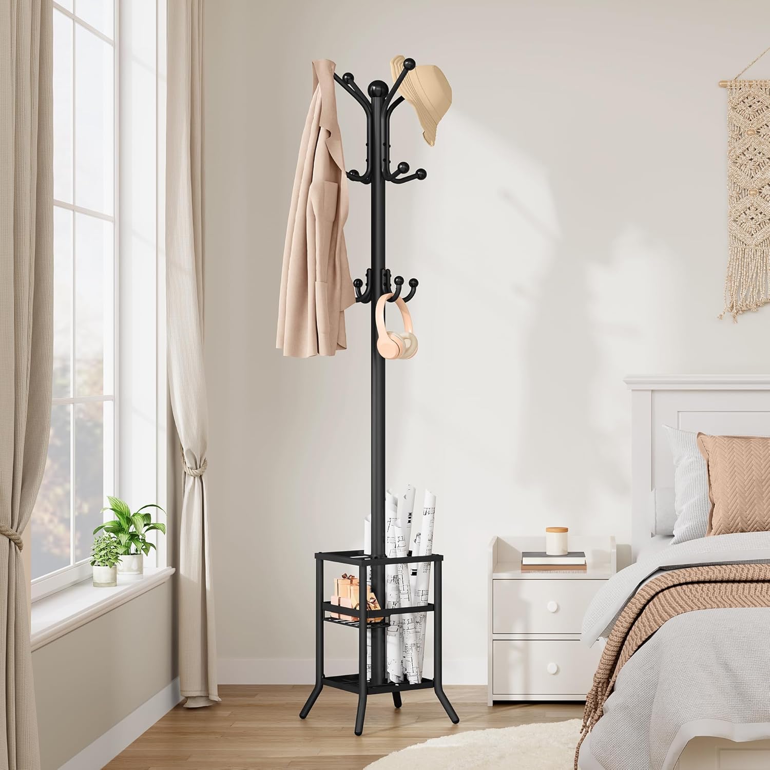 FAVOOSTY Coat Rack Freestanding,Coat Rack Stand with Umbrella Holder,Metal Coat Tree with 12 Hooks,Tree Clothes Hat for Entryway, Hallway, Bedroom, Living Room & Office -Black
