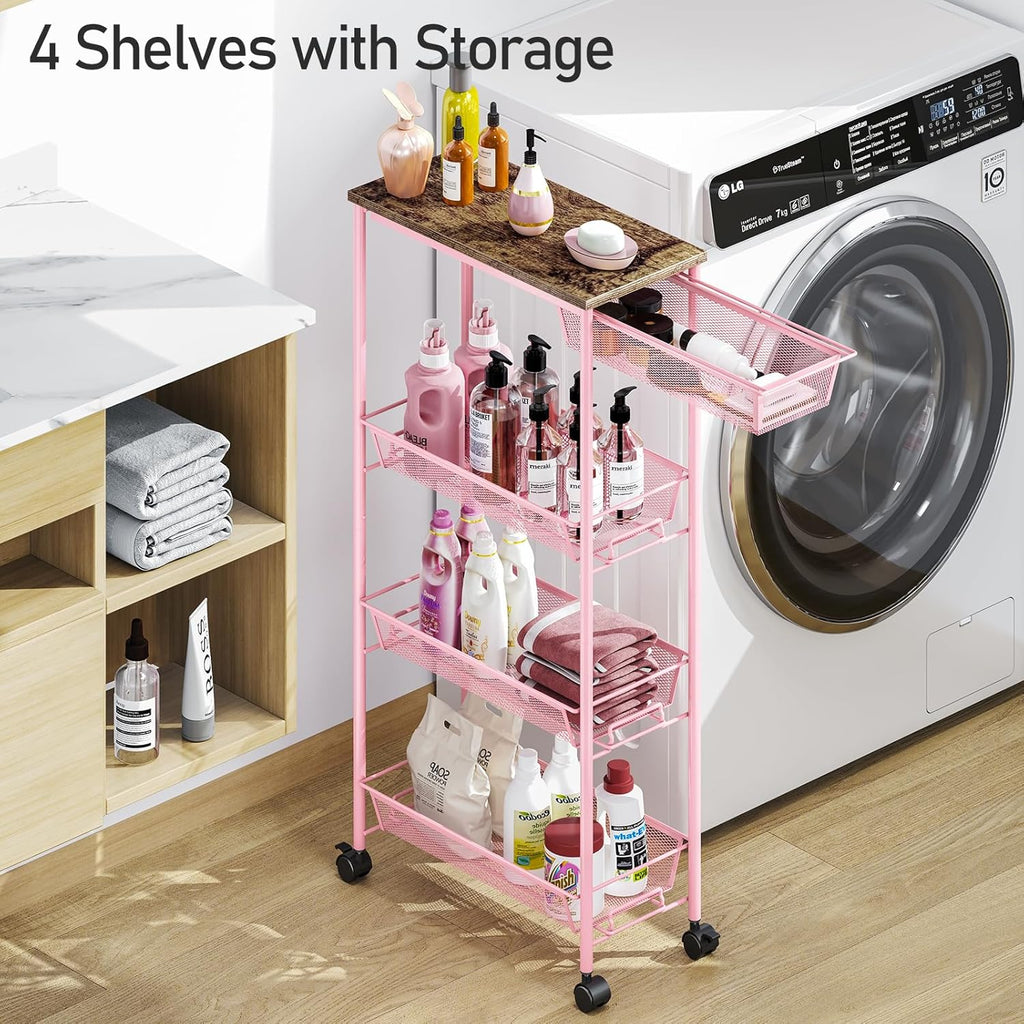 KINGRACK 4-Tier Slim Storage Cart, Metal Rolling Cart, Organizer with Wooden Tabletop and Drawer Basket, Mobile Shelving Unit for Kitchen, Bathroom, Laundry Room, Pink