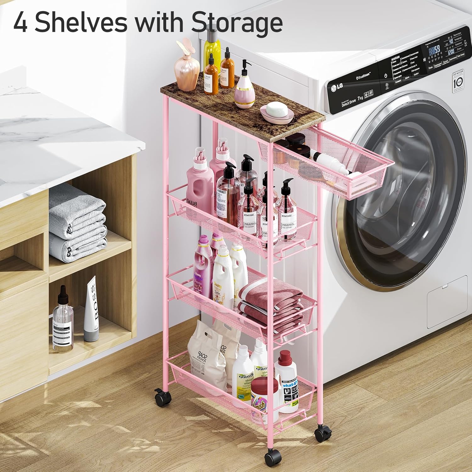 KINGRACK 4-Tier Slim Storage Cart, Metal Rolling Cart, Organizer with Wooden Tabletop and Drawer Basket, Mobile Shelving Unit for Kitchen, Bathroom, Laundry Room, Pink