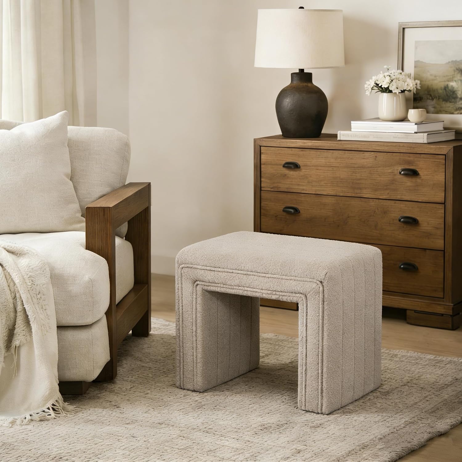 Modern Boucle Ottoman, Upholstered Arch Footstool Extra Seat for Makeup Room, Living Room & Entryway, Fully Assembled Vanity Stool – Camel Brown