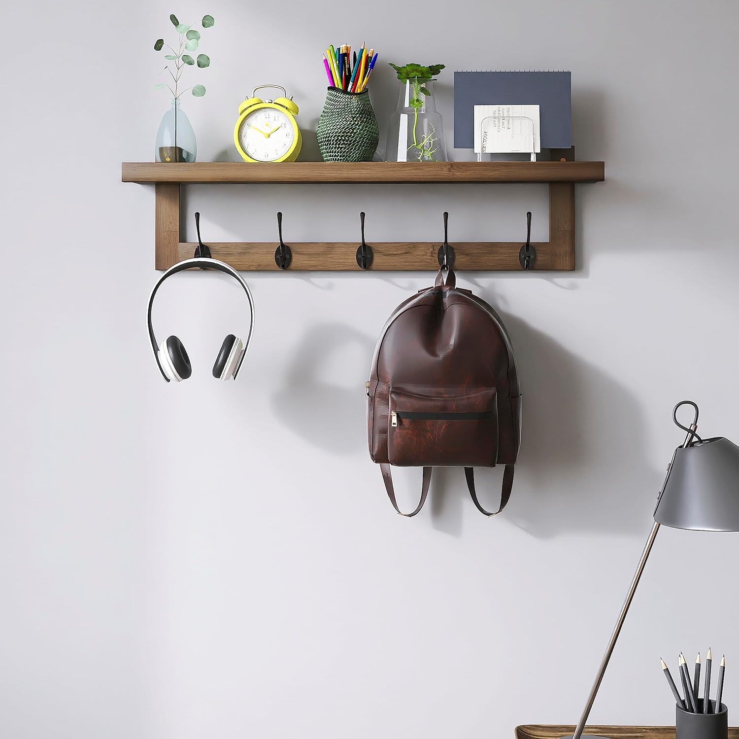 SMIBUY Coat Hooks with Shelf Wall-Mounted, 29.2 Inch Entryway Coat Rack for Wall, Bamboo Hanging Shelf with 5 Double Metal Hooks for Bathroom, Bedroom, Kitchen, Living Room, Mudroom (Walnut)
