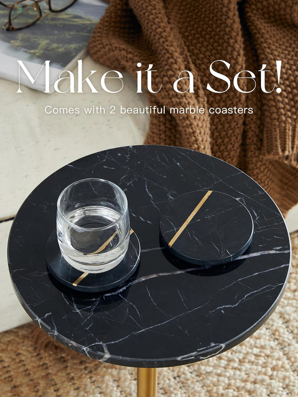 Adjustable 12" Black Marble Drink Table with 2 Coasters, Antique Brass⁠