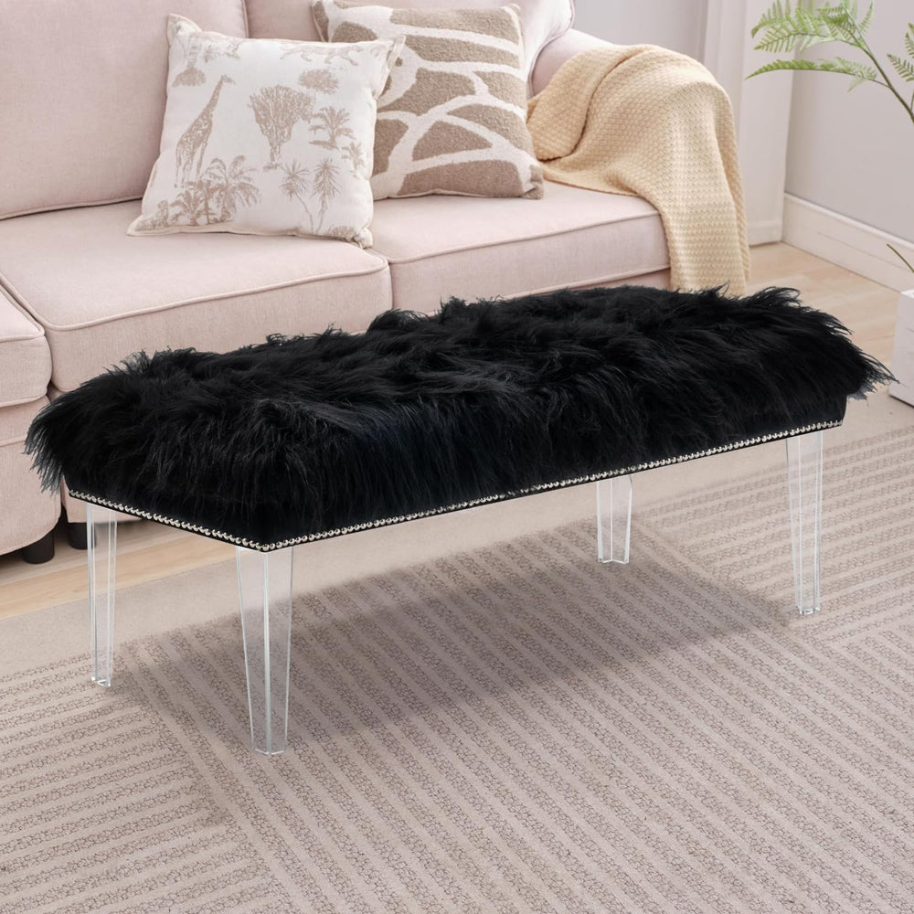 Modern Black Faux Fur Ottoman Bench - Upholstered Furry Bench with Acrylic Le...