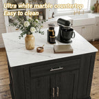 40“ L Black Kitchen Island with A 14.5” W Folding Faux Marble Tabletop, Wooden Kitchen Island with Power Outlet, Storage Cabinet & Drawer and Open Adjustable Shelving
