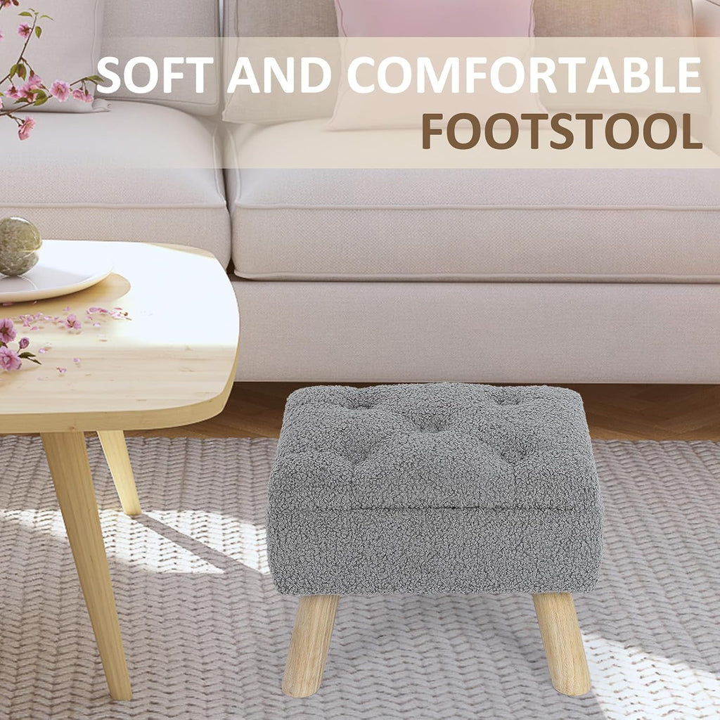 OGEMXU Storage Ottoman, Small Storage Ottoman Foot Stool with Wood Legs, Teddy Velvet Rectangular Foot Rest for Chair, Soft Sponge White Footstool for Living Room, Couch, Bedroom, Dorm (Grizzly)