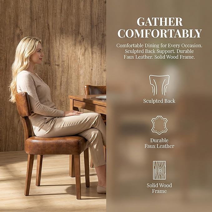 Brown Leather Dining Chairs Set of 6, Upholstered Wooden Dining Room Chairs, Mid Century Modern Farmhouse PU Kitchen Chairs, Accent Armless Side Chairs with Curved Back for Living Room, 6PCS