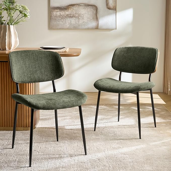 HULALA HOME Dining Chairs Set of 2 Mid-Century Modern Upholstered Kitchen Dining Room Chairs with Wood Curved Backrest, Black Metal Legs Fabric Dinner Chair for Living Room Cafe Restaurant Moss