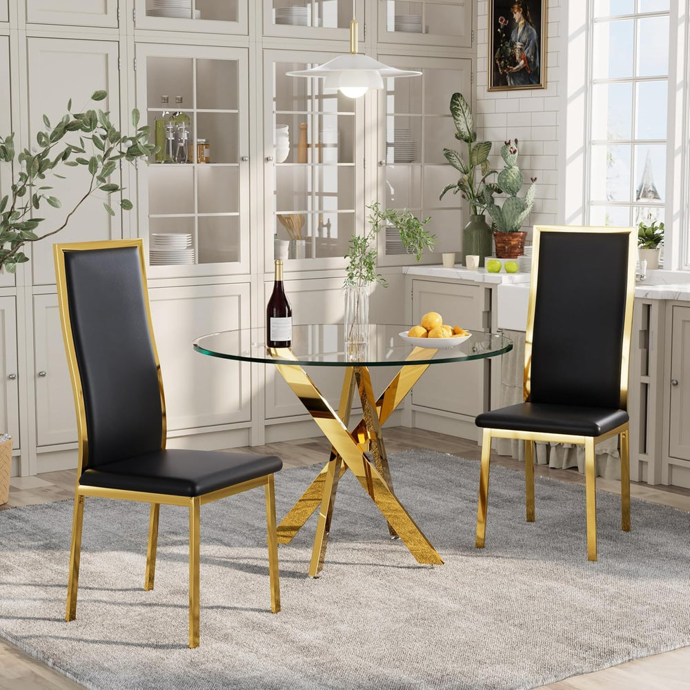 Modern Dining Chairs Set of 2, Black Faux Leather with Chrome Gold Metal Legs...