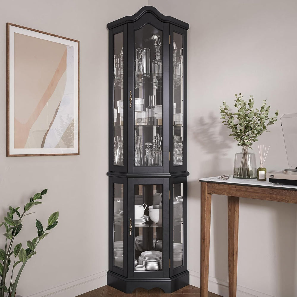 BELLEZE Lighted 3-Side Glass Display Curio Cabinet w/Tempered Glass Doors and...