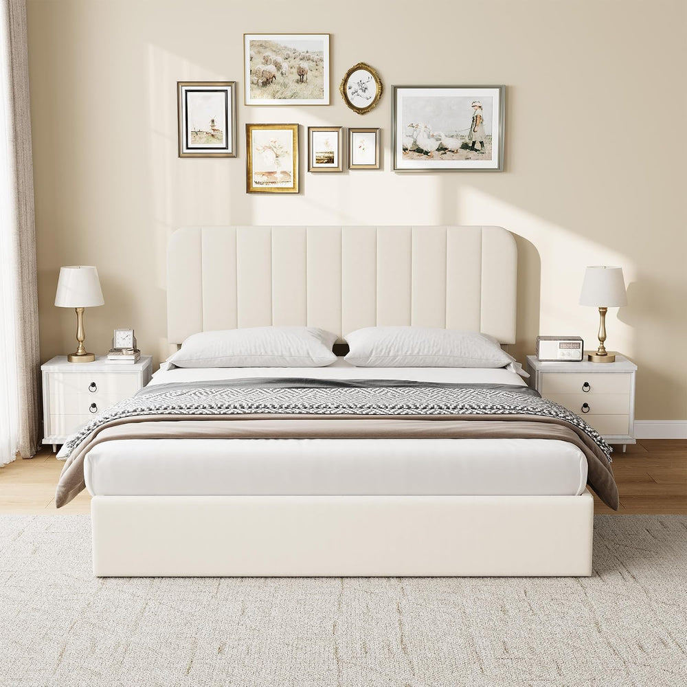 IDEALHOUSE Queen Size Velvet Upholstered Bed Frame, Beige