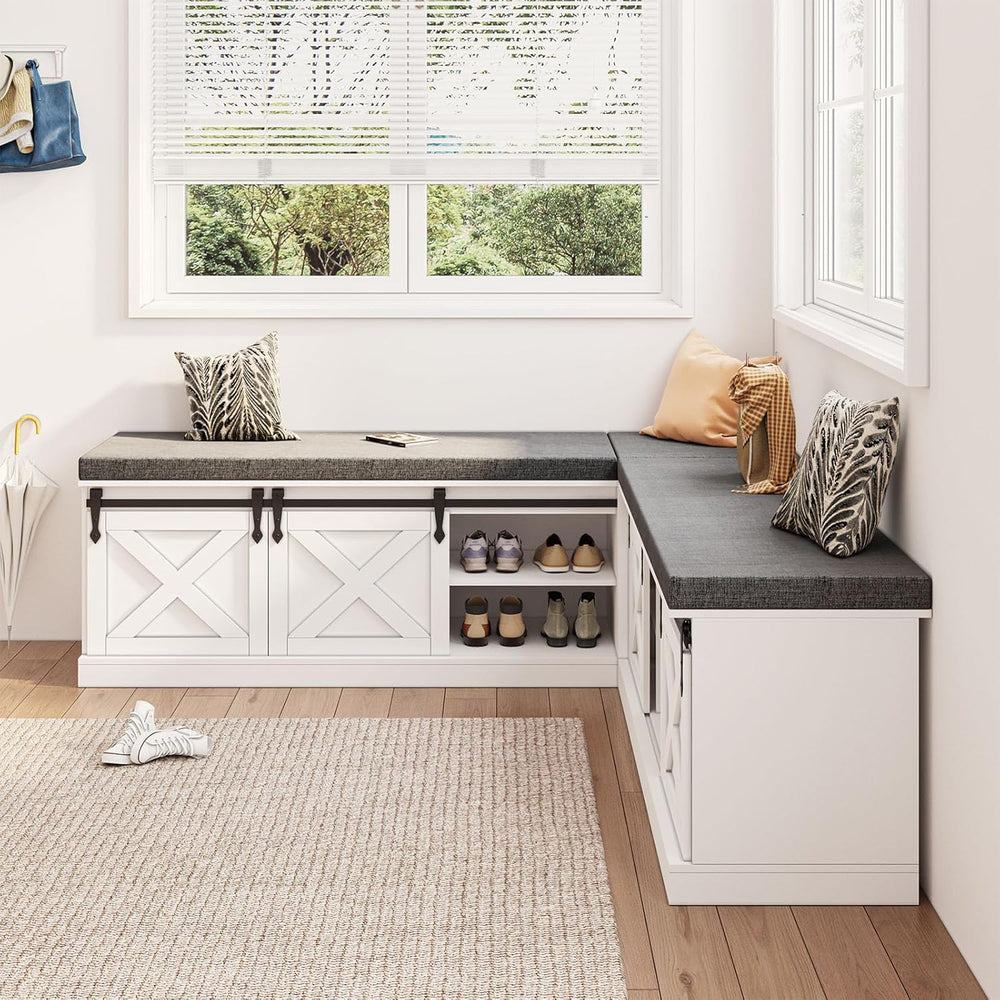 L Shaped Corner Bench with Storage, Farmhouse Breakfast Nook with Cushion &am...