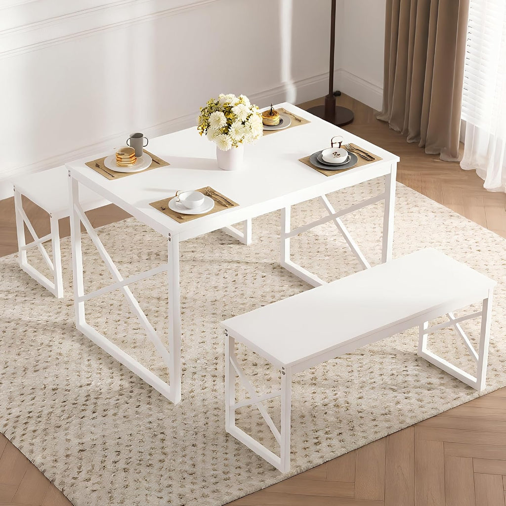 VECELO 43.3" Kitchen Dining Table Set for 4, Heavy-Duty Steel Frame & Wood-Grain Tabletop, Space-Saving Dinette Sets with 2 Benches for Breakfast Nook and Small Space, White