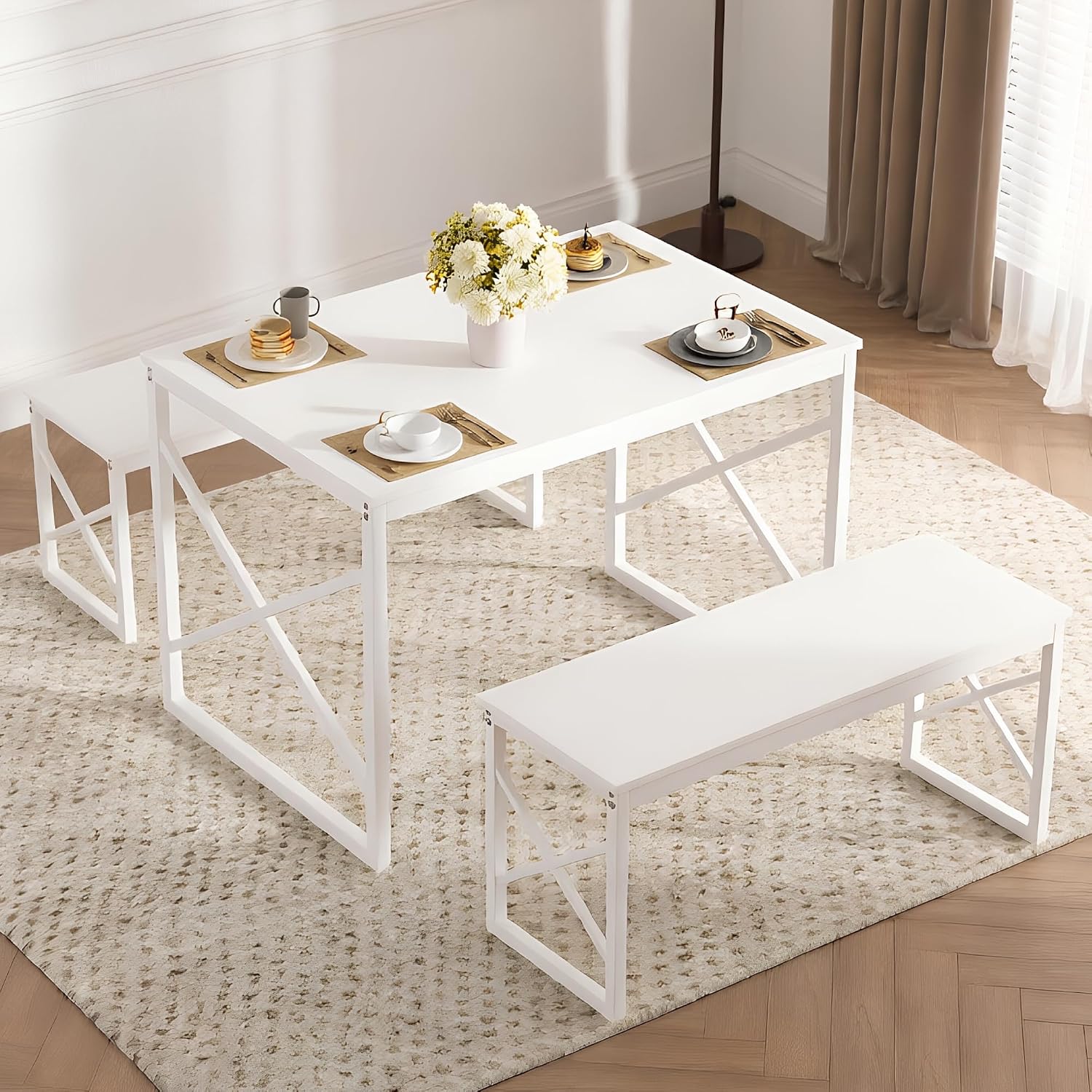 VECELO 43.3" Kitchen Dining Table Set for 4, Heavy-Duty Steel Frame & Wood-Grain Tabletop, Space-Saving Dinette Sets with 2 Benches for Breakfast Nook and Small Space, White