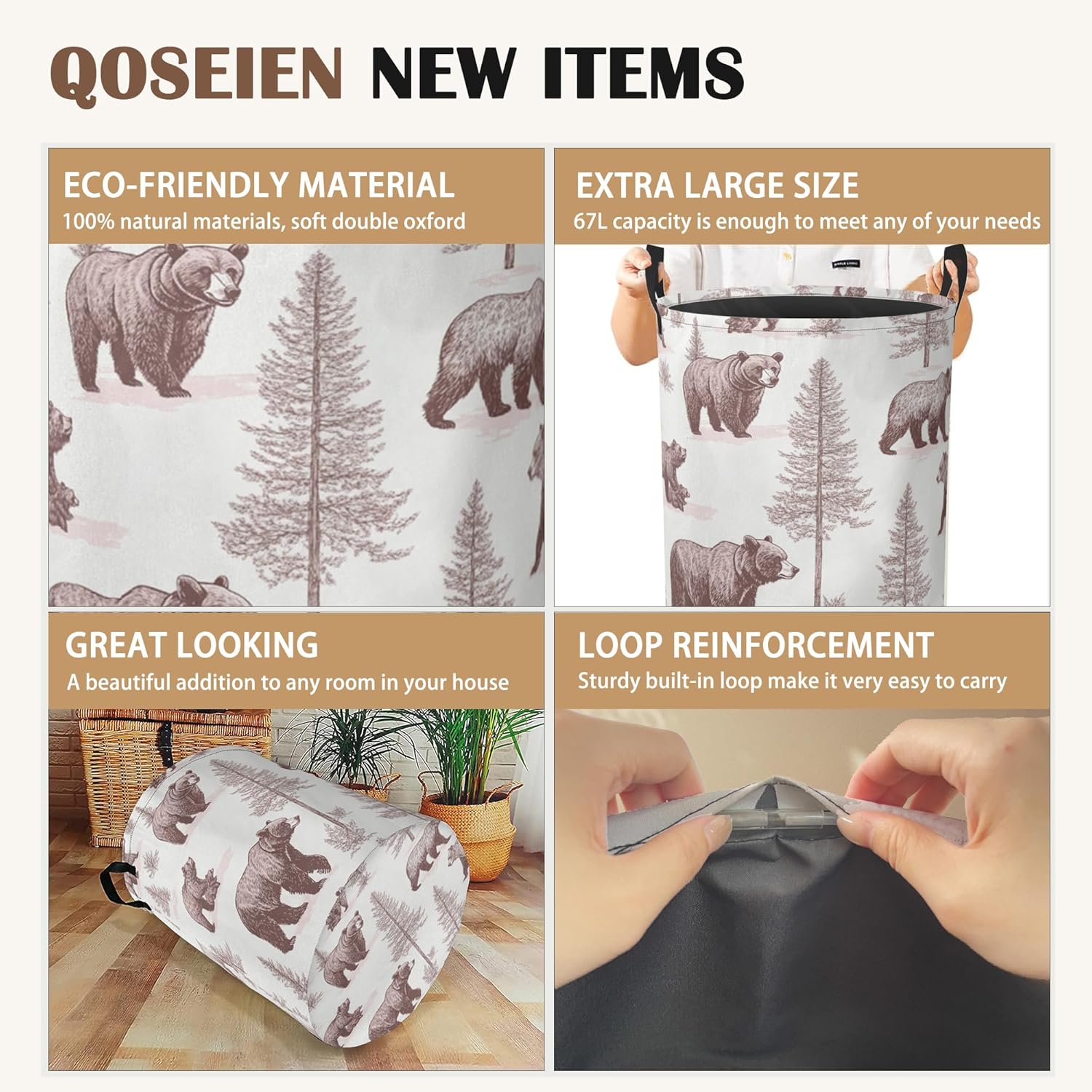 Large Laundry Basket,Retro Bear Collapsible Laundry Baskets,Forest Printed Waterproof Oxford Hamper with Handles for Bathroom Bedroom Nursery Home Storage 16"x20"