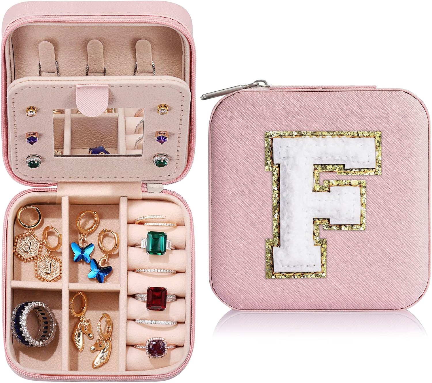 Parima Christmas Gifts for Mom - Small Travel Jewelry Box, Travel Jewelry Case with Mirror for Necklace Earrings Rings Organizer | Birthday Gifts Christmas Travel Gifts for Mom - Letter F, Pink