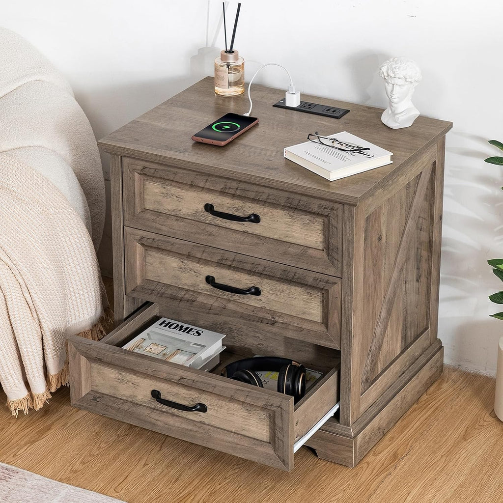 HOMMPA 24'' Farmhouse Nightstand with Charging Station, Bedside Tables with Storage, Side Table with AC Outlets & USB Port, 3 Drawers End Table Dresser, Wood Night Stand for Bedroom, Greige