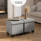 STORAGEBUD Storage Ottoman Cube with Small Bin, 16-in Square Ottoman with Storage for Living Room and Bedroom, Small Ottomans Foot Rest, Fabric Foot Stools Ottomans Max 330lbs, Light Grey