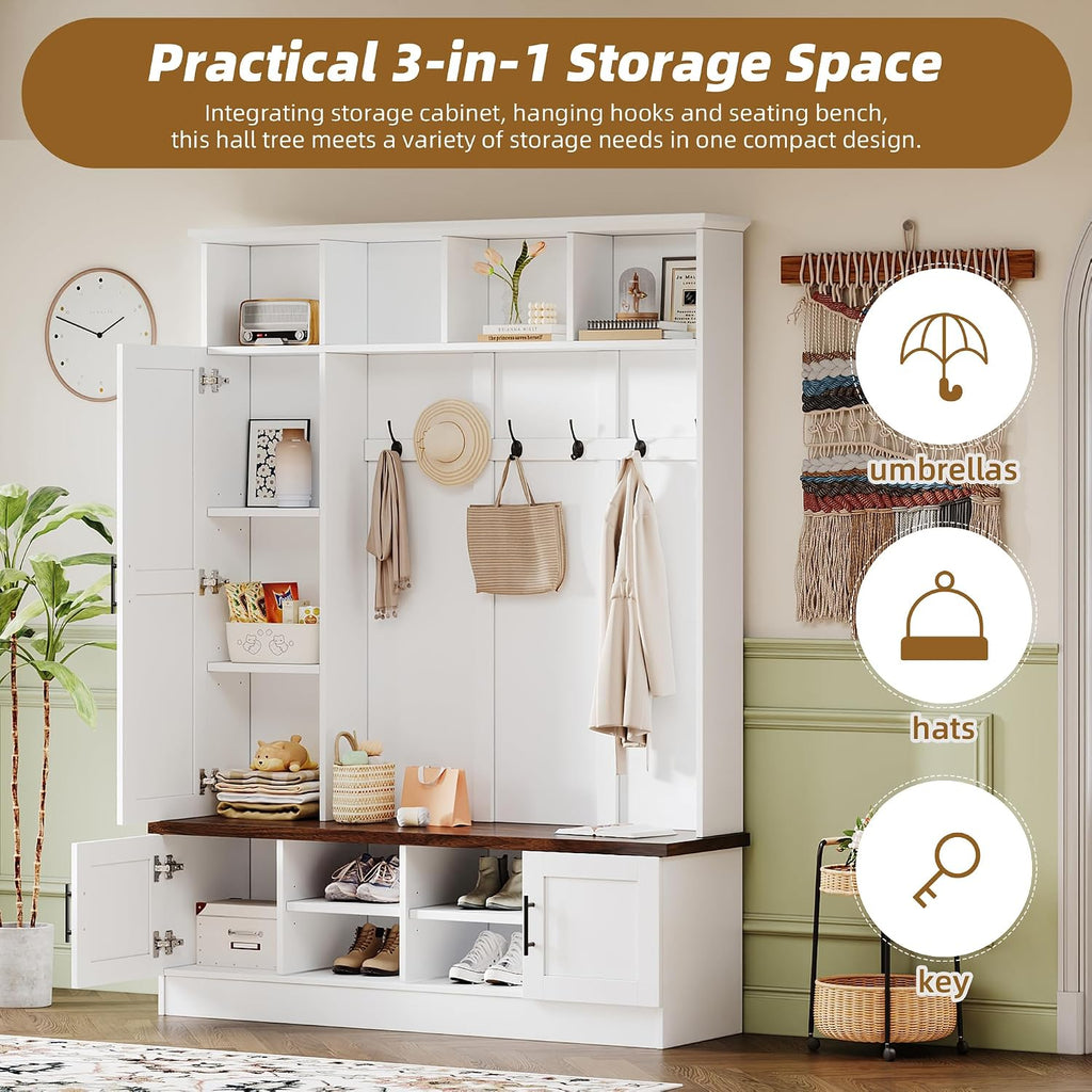 4-in-1 Hall Tree with Bench and Shoe Storage, Multi-functional Entryway Bench with Coat Rack, Storage Shelves, Shoe Cubbies, Adjustable Shelves, and 6 Hooks for Entryway, Hallway, White